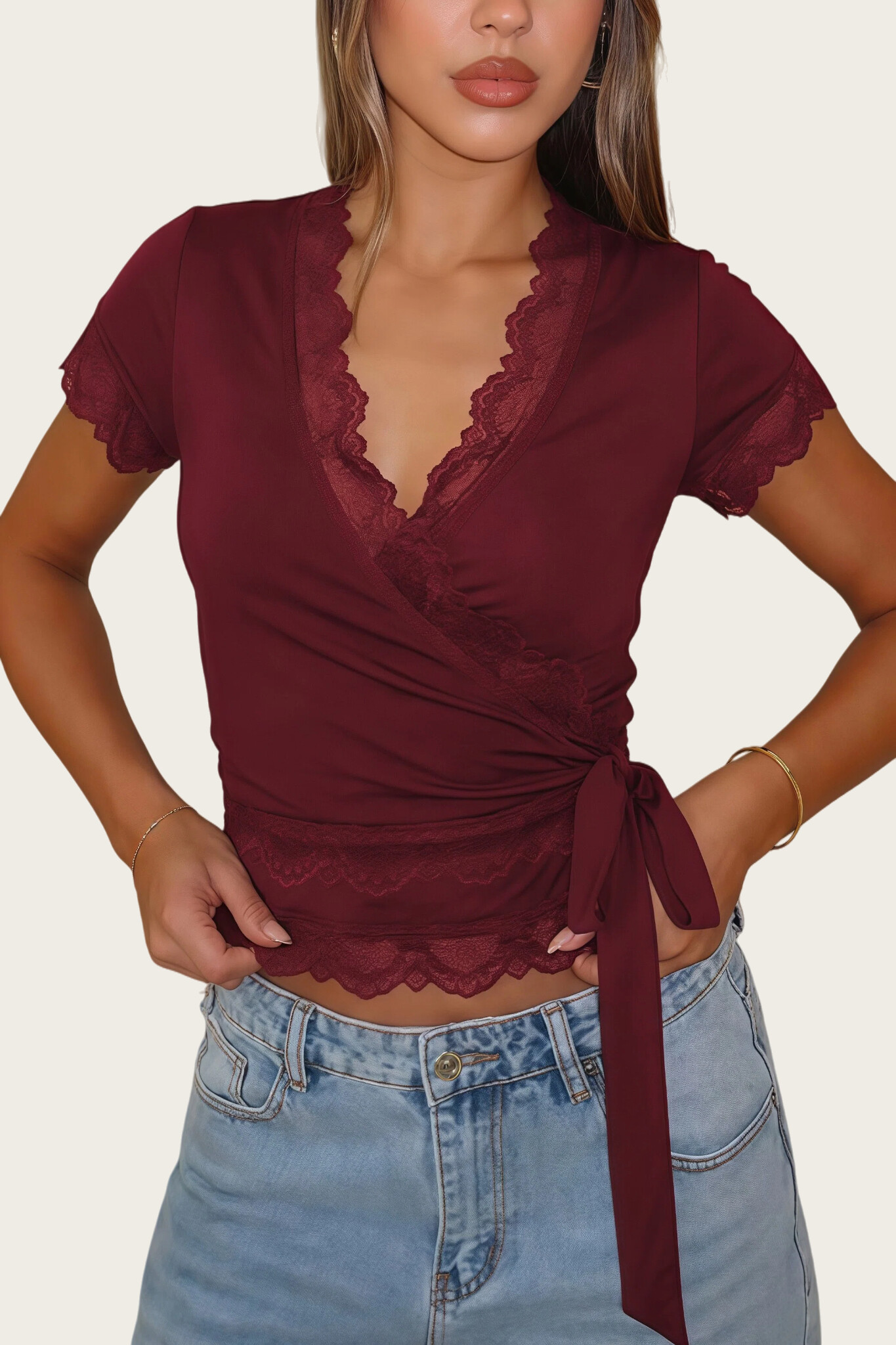 Lace-Trim Wrap-Front Tie-Waist Crop Top - HIGIANNA&reg;