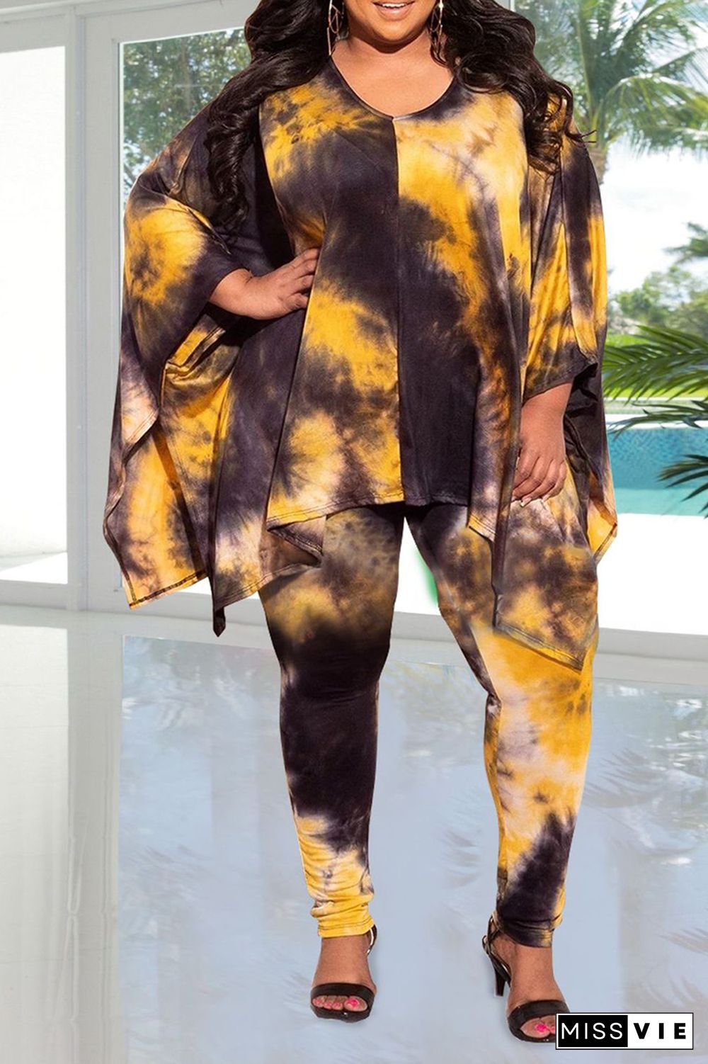 Casual Patchwork Tie-Dye V Neck Plus Size Two Pieces