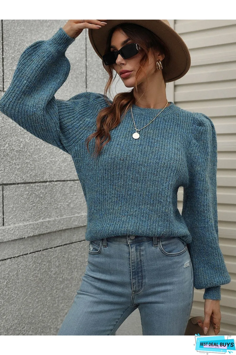 Heathered Long Lantern Sleeve Rib-Knit Sweater