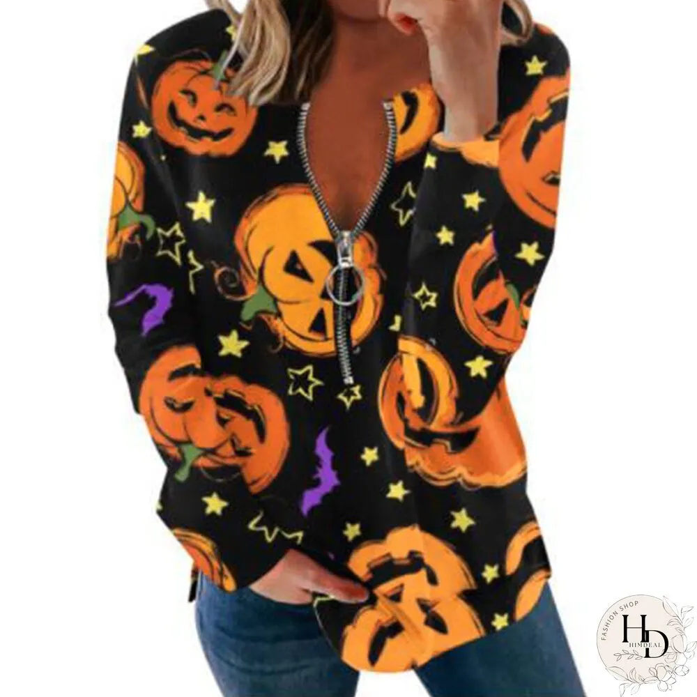 Women Halloween Long Sleeve Sweatshirts Pumpkin Ghost Printed Loose Tops Round-neck Tee