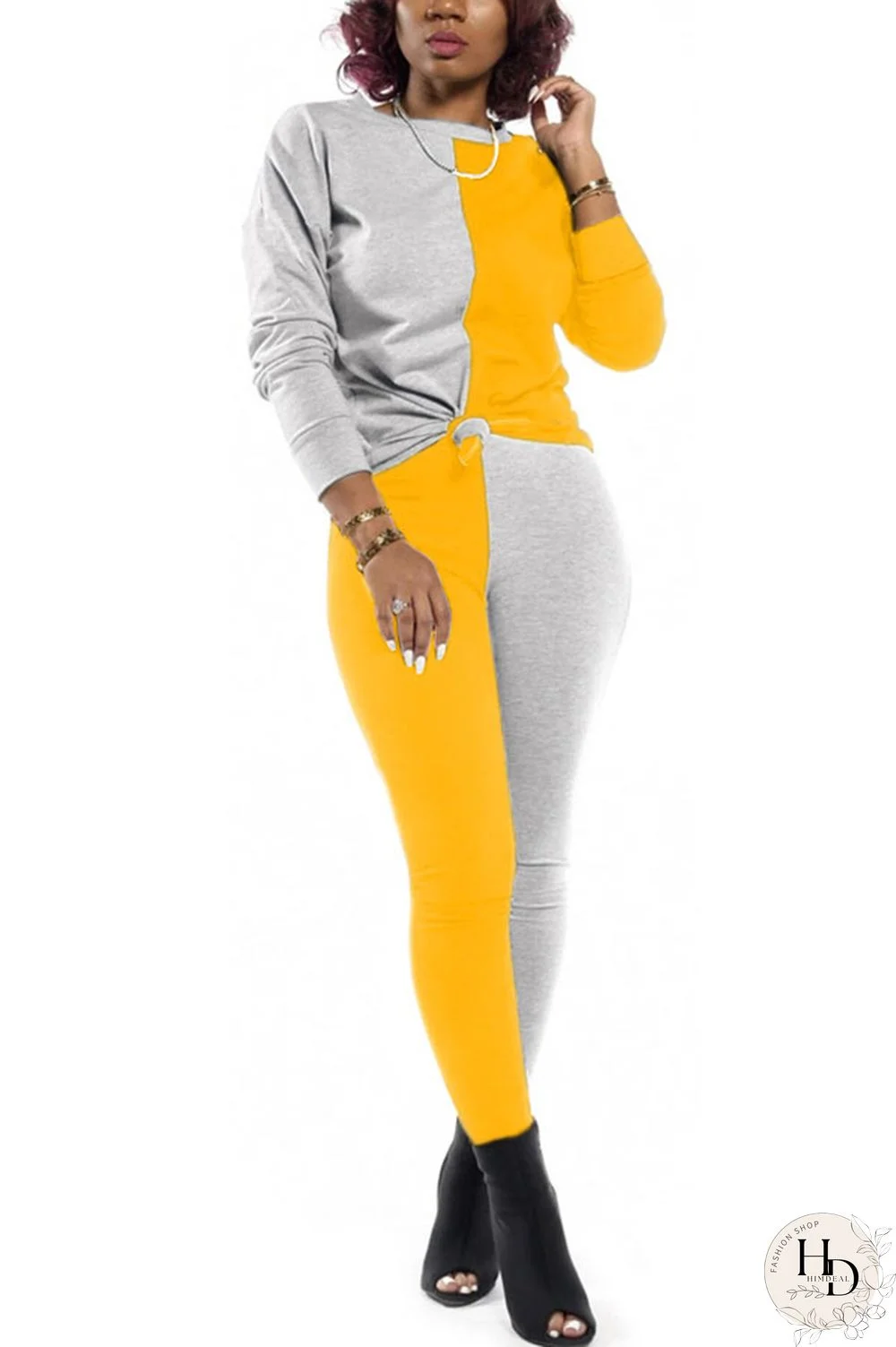 rose red and blue Polyester Sexy Patchwork Solid pencil Long Sleeve Two Pieces