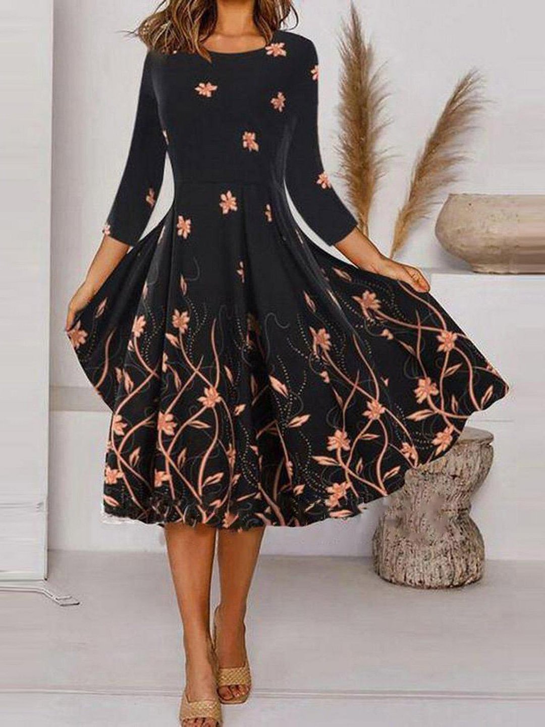 Women Long Sleeve Scoop Neck Printed Maxi Dress