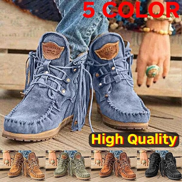NEW Women Ankle Boots Retro Medieval Suede Faux Leather Tassel Round Toe Mid-Century Suede Faux Leather Casual Shoes