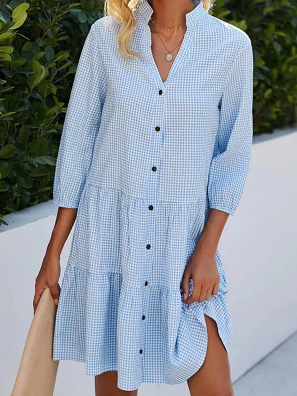 Buttoned Plaid Split-Joint A-Line Loose Stand Collar Shirt Dress Mini Dresses