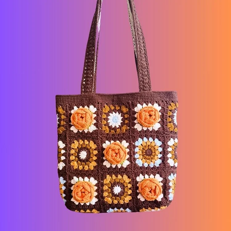Lulusnow Handmade Camel 3D Camellia Granny Square Crochet Tote Bag Shoulder Bag 