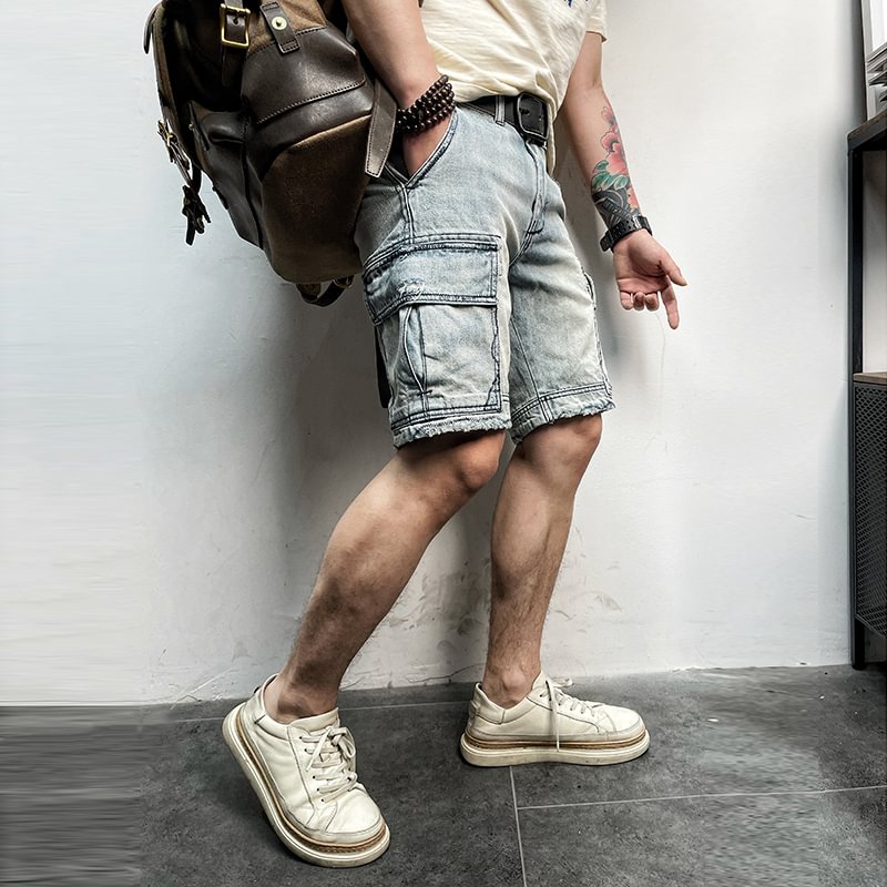 American Retro Distressed Washed White Pocket Denim Shorts