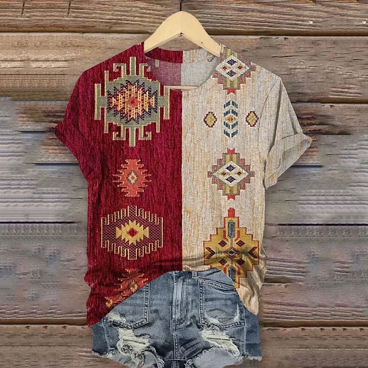 Western Geometric Contrast Print Round Neck Short Sleeved T-shirt