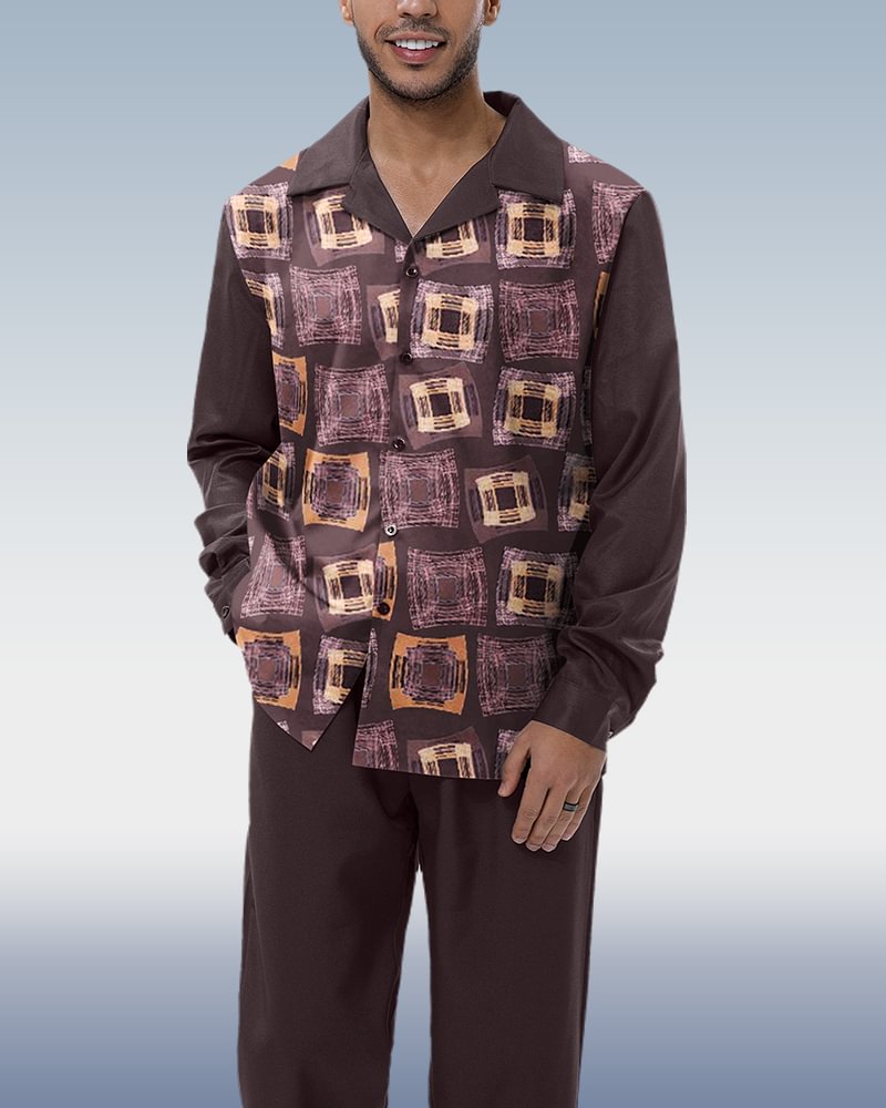 Square-print casual long-sleeve walking suit