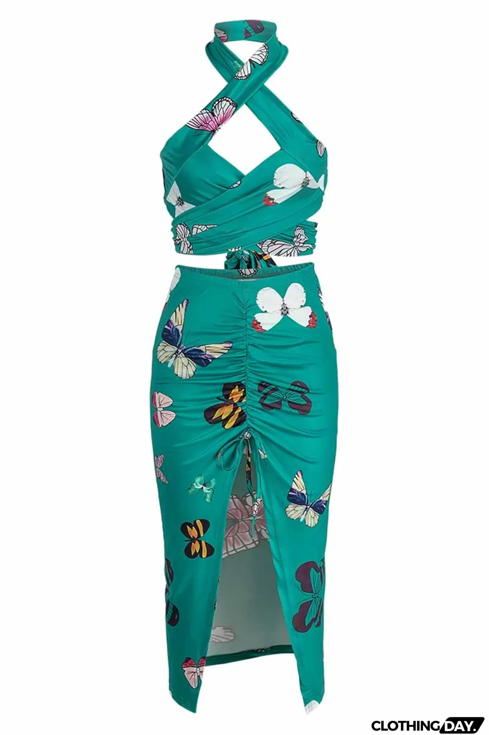 Green Fashion Street Print Patchwork Halter Sleeveless Two Pieces