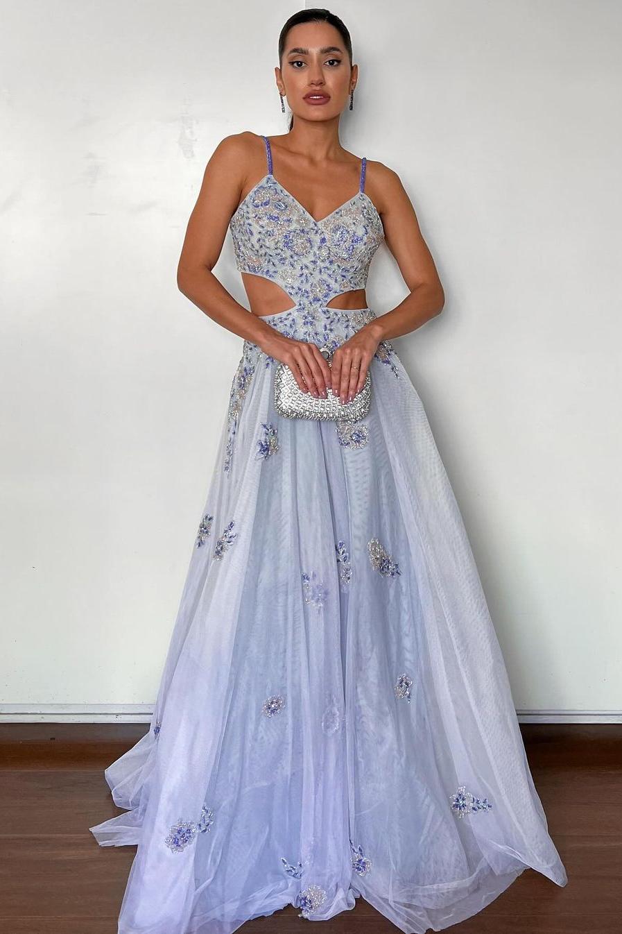 Exquisite Light Blue Tulle Spaghetti Strap Sleeveless Prom Dress with Beadings | MS0136  