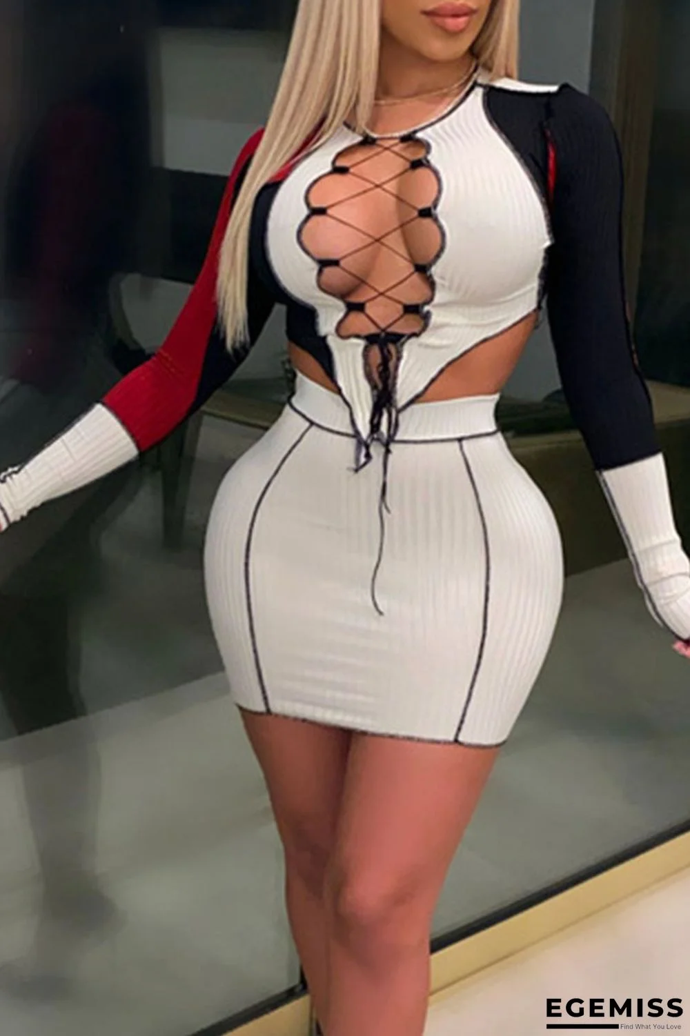 White Sexy Solid Bandage Patchwork Frenulum Asymmetrical O Neck Long Sleeve Two Pieces | EGEMISS
