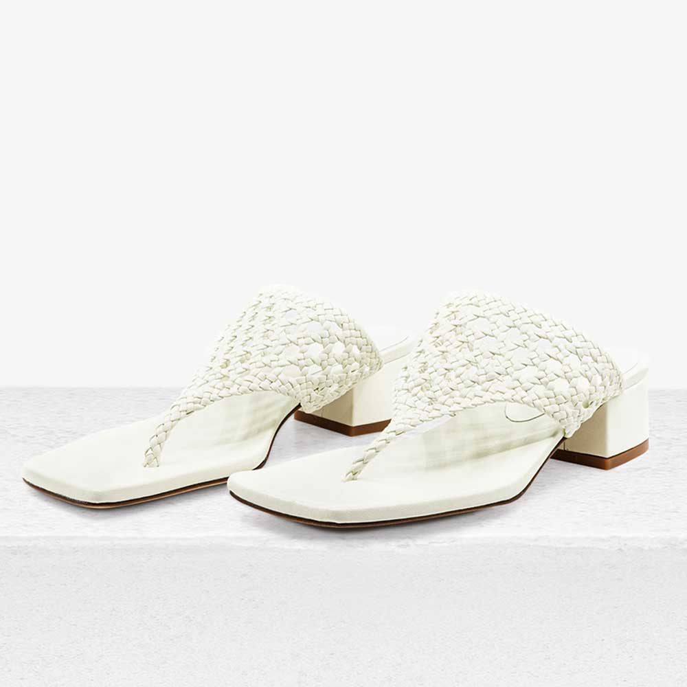 White Woven Open Square Toe Block Heel Flip Flops for Women Nicepairs