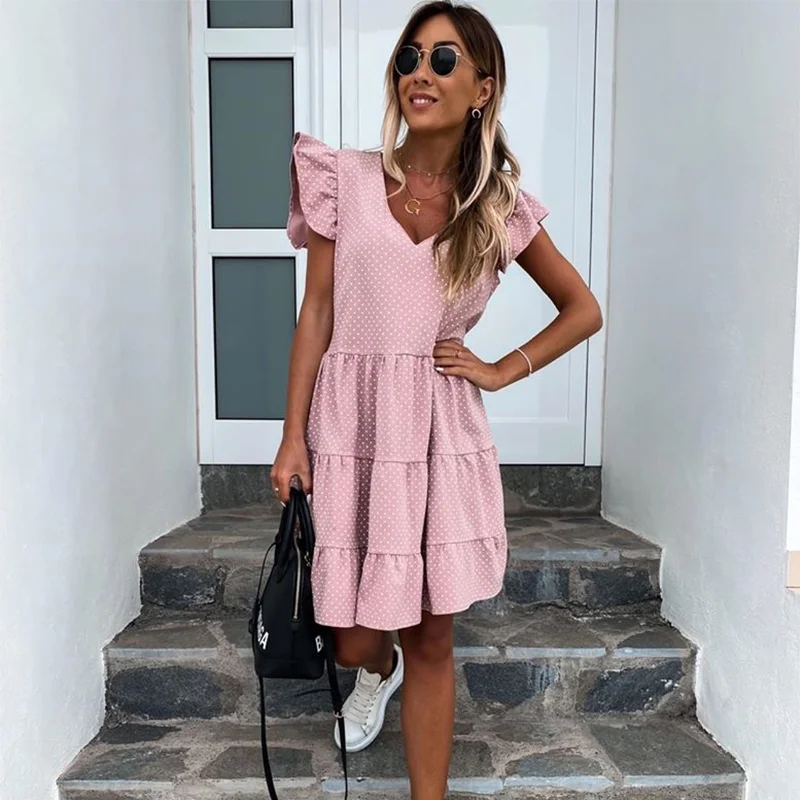 Women New Summer Sundress Casual Ruffles Sleeves V-neck Dot Boho Party Vestidos Elegant Mini Dresses Fashion Vestidos