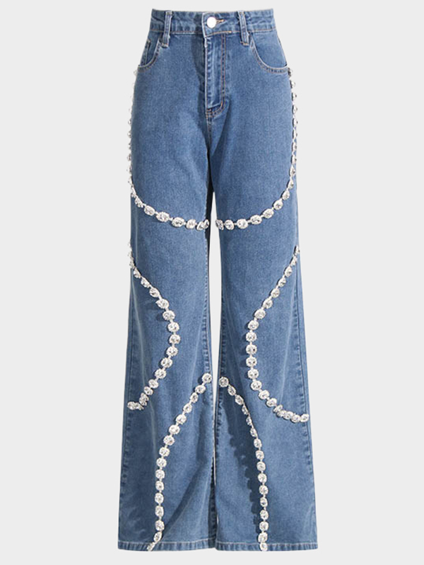 Wide Leg Buttoned Hollow Pockets Split-Joint Jean Pants Bottoms