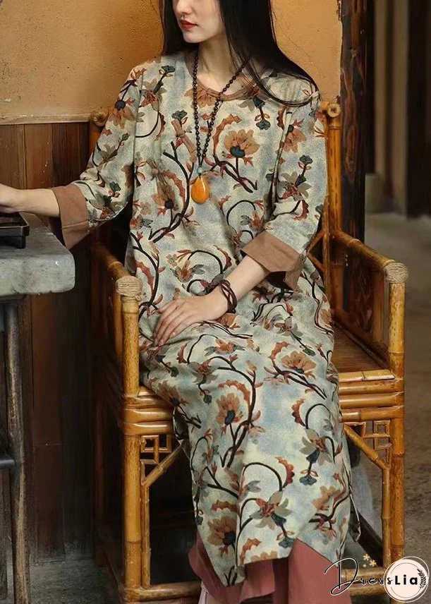 Women Brown Print Button Patchwork Cotton Dresses Bracelet Sleeve