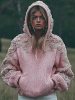 Women's Pink Flower Embroidery Art Long Sleeve Hoodie Sweater