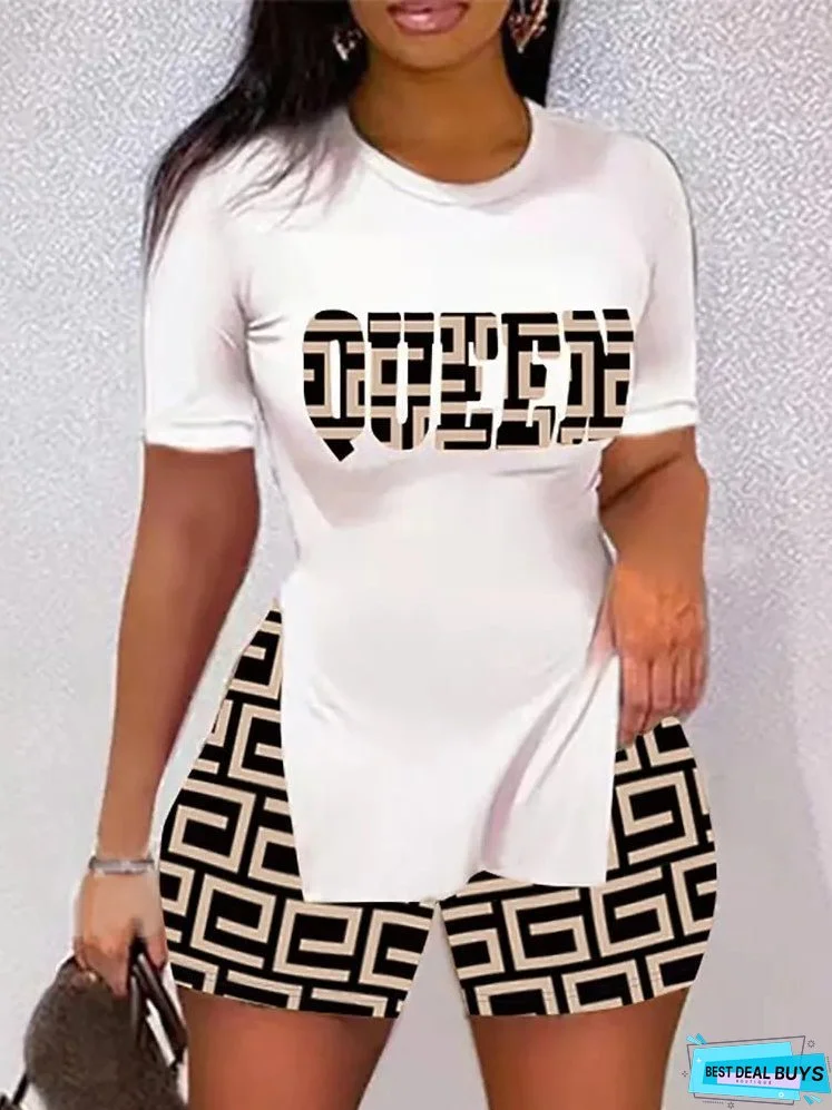 Sets Printed Short Sleeve Split T-Shirt & Shorts Two Piece Set for Women