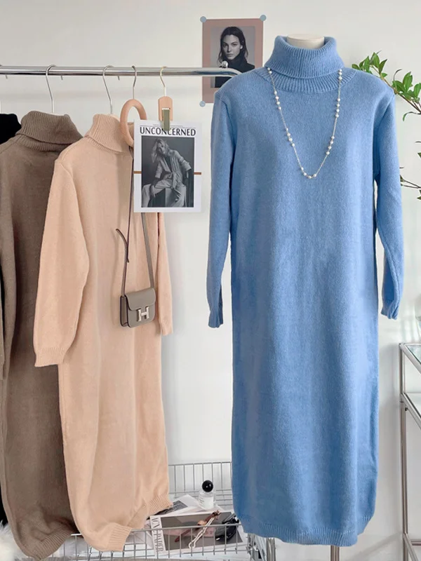 Casual Long Sleeves Loose Solid Color High-Neck Sweater Dresses