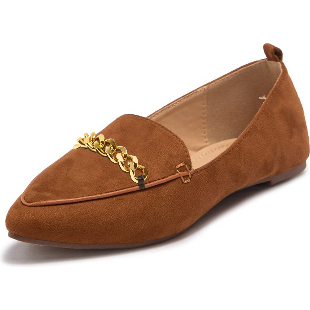 Brown Pointed Toe Flat Loafers with Gold Chain Nicepairs