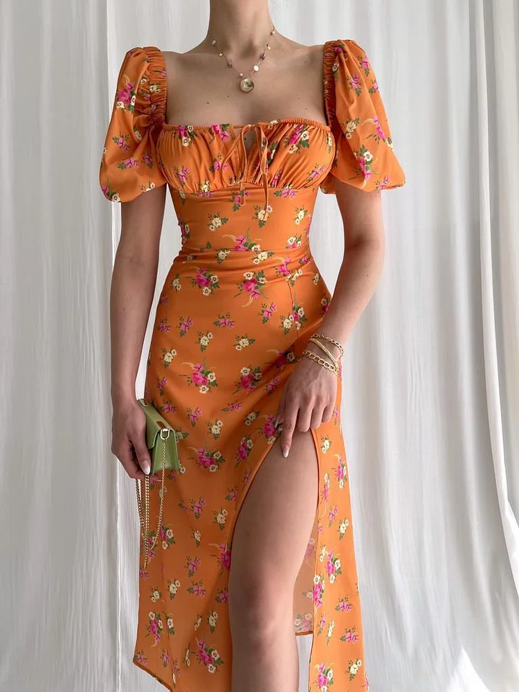 Elegant Summer Printed Slim Strap Hollow Square Neck Midi Dress