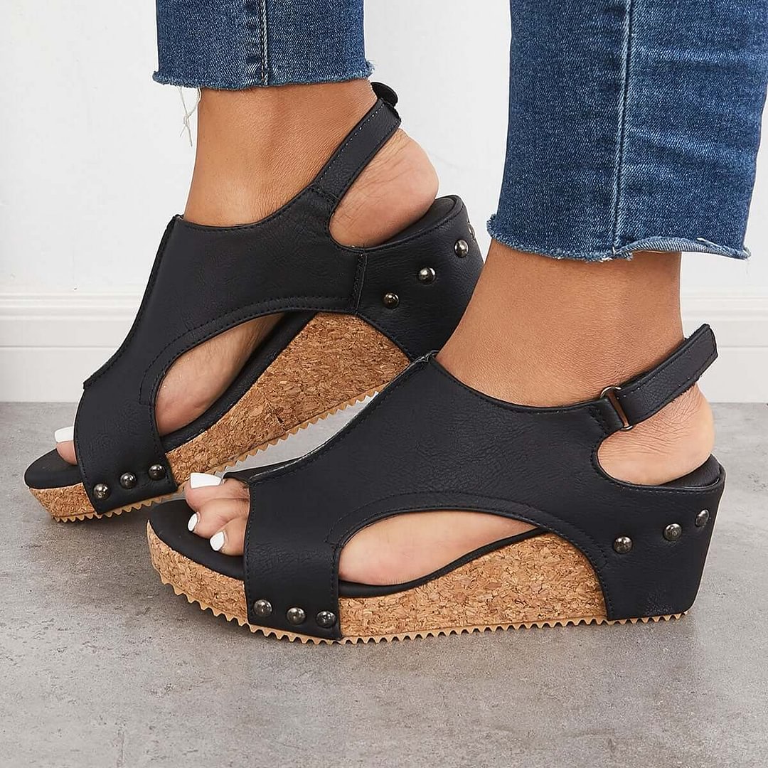 Cork Platform Wedges Slingback Ankle Buckle Strap Sandals - vzzhome