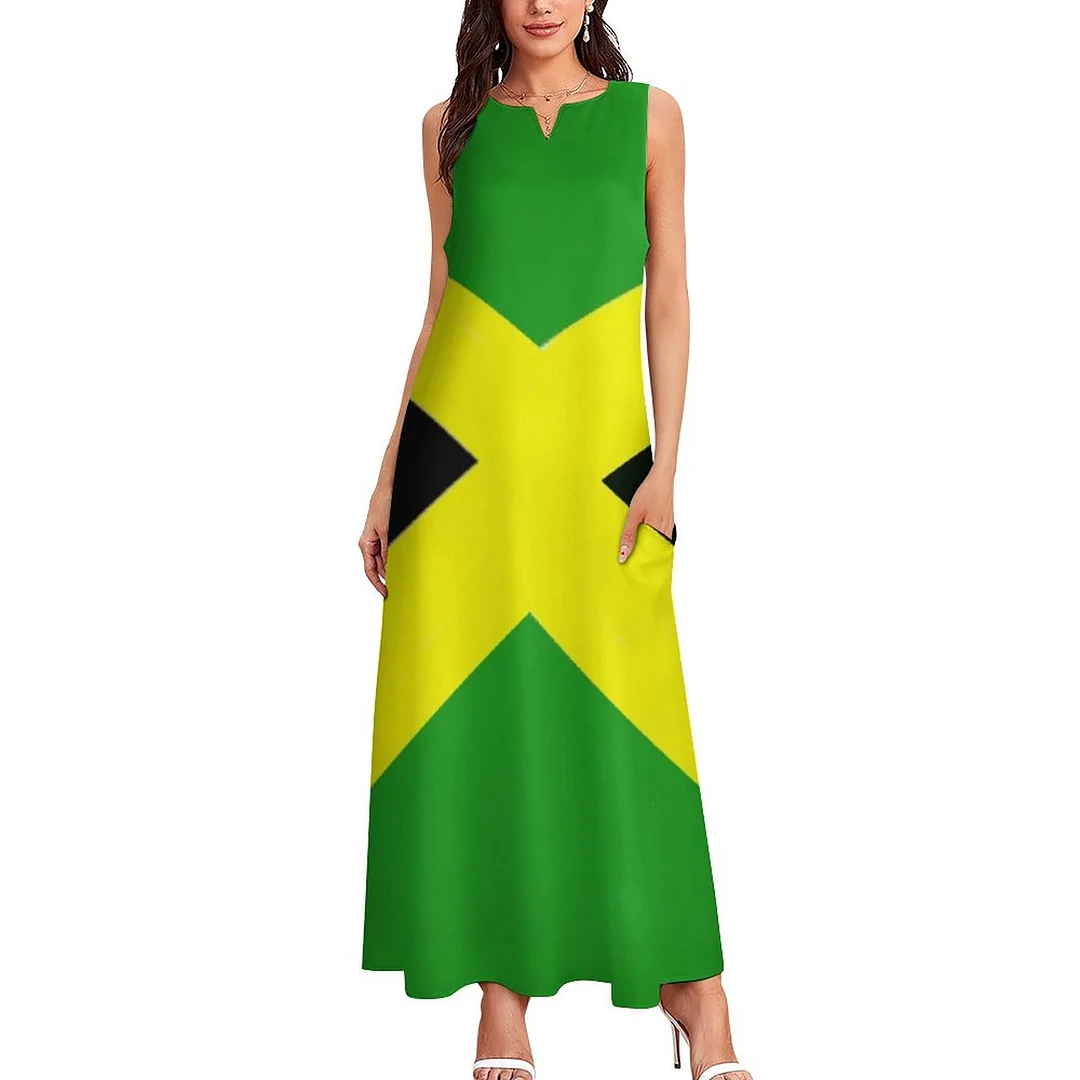 Jamaican Colors Womens Plus Size Long Boho Dresses Loose V Neck Sleeveless Maxi Dress with Pockets