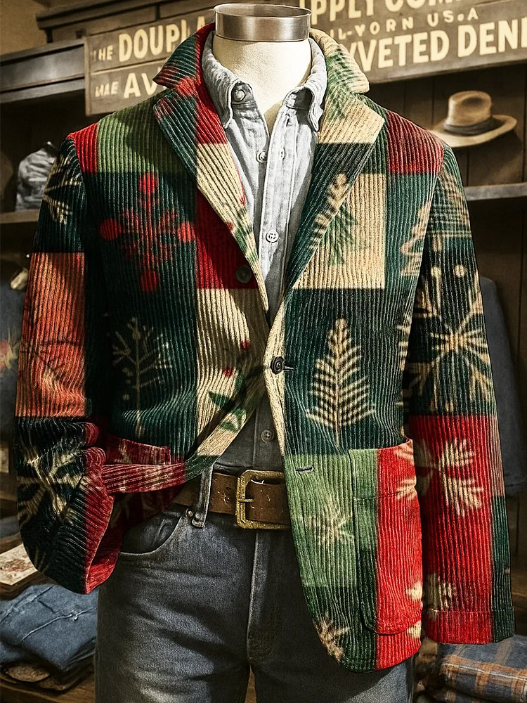 Men's Corduroy Christmas Spliced ​​Lapel Suit Jacket 