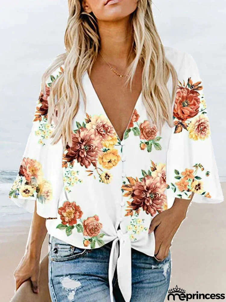 Women's Cotton V-Neck Long Sleeve Casual Wear Vintage Blouse
