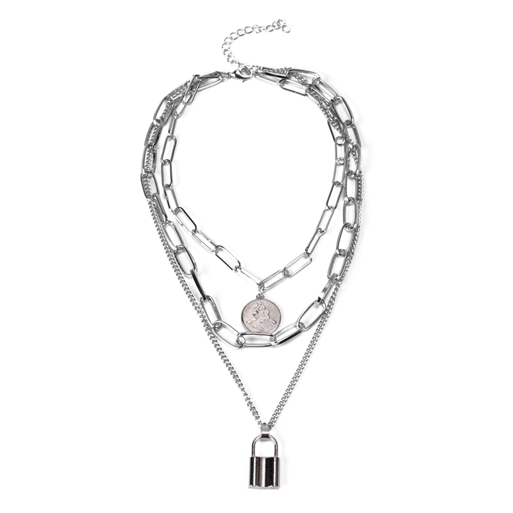 

Punk Women Coin Pendant Necklace Multilayer Charming Clavicle Chain Jewelry, Silver, 501 Original