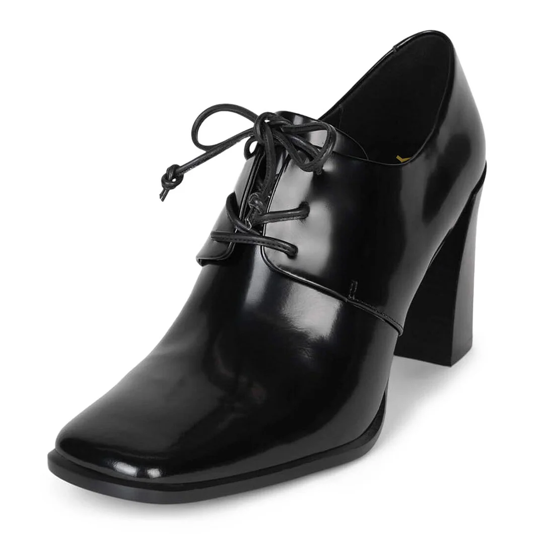 Black Patent Leather Tie-Up Block Heel Square Toe Oxford Shoes Women
