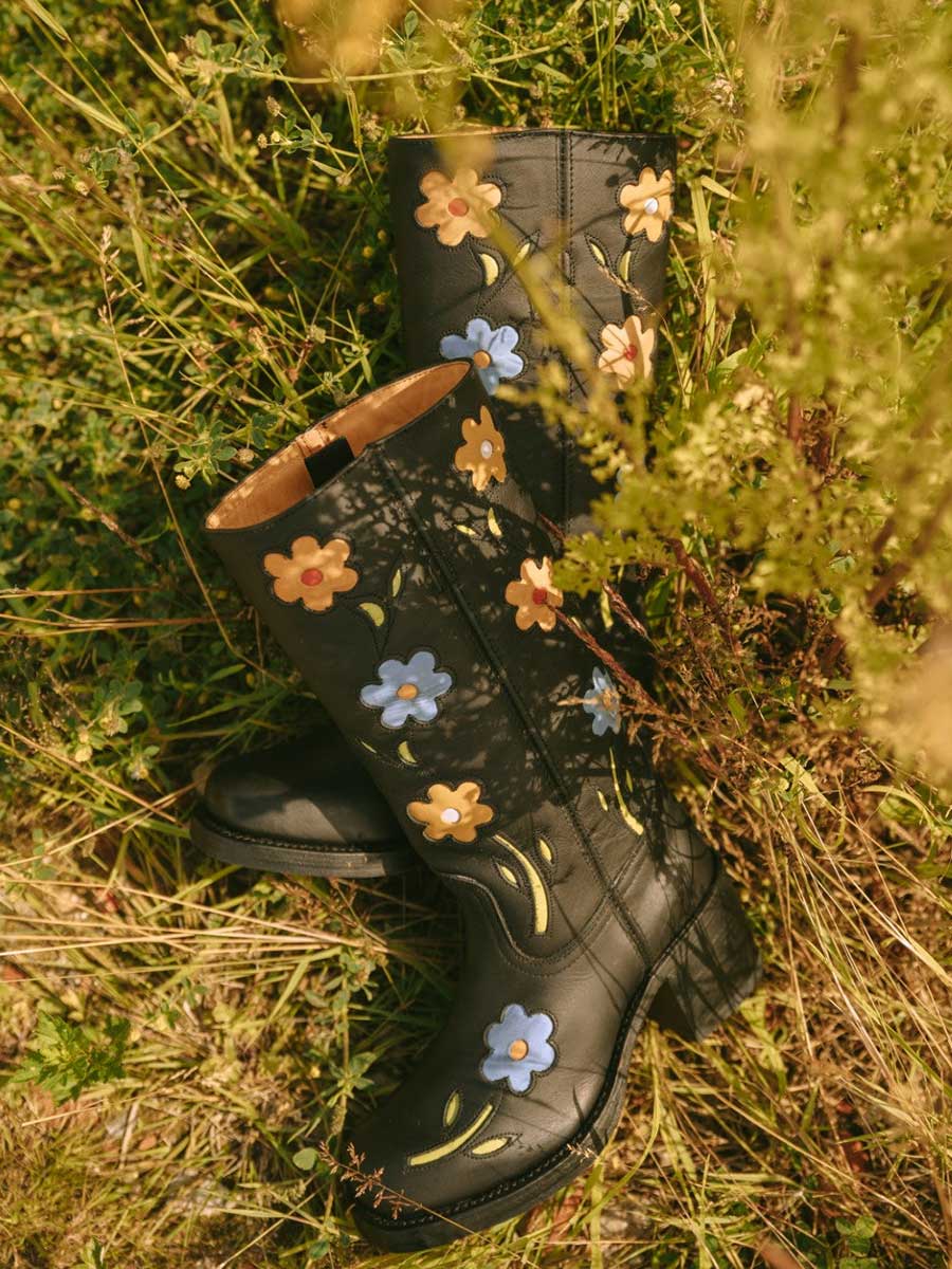 Black Vegan Leather Floral Patchwork Inlay Wide Calf Knee High Boots With Chunky Heel