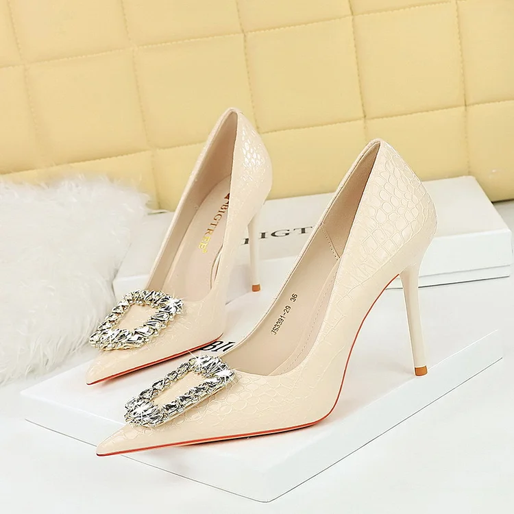 BIG TREE SHOES 3391-k30 Korean Style Fashion Banquet High Heel Stiletto Low-Cut Pointed Patent Leather Snake Pattern Rhinestone Buckle Pumps High Heel