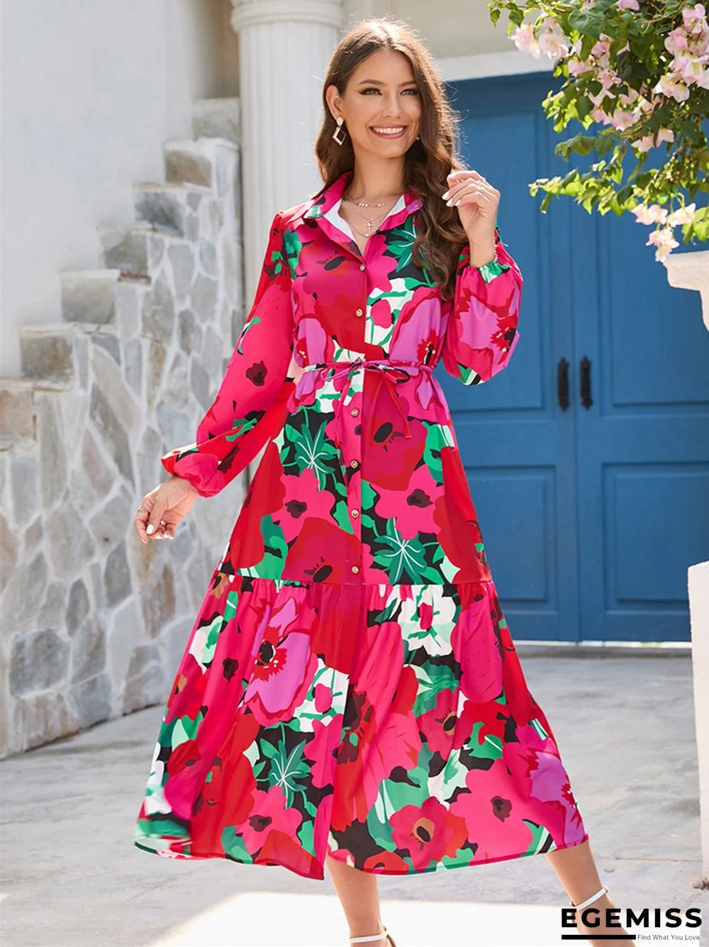 Printed Single-breasted Long-sleeved Dress with Big Swing | EGEMISS