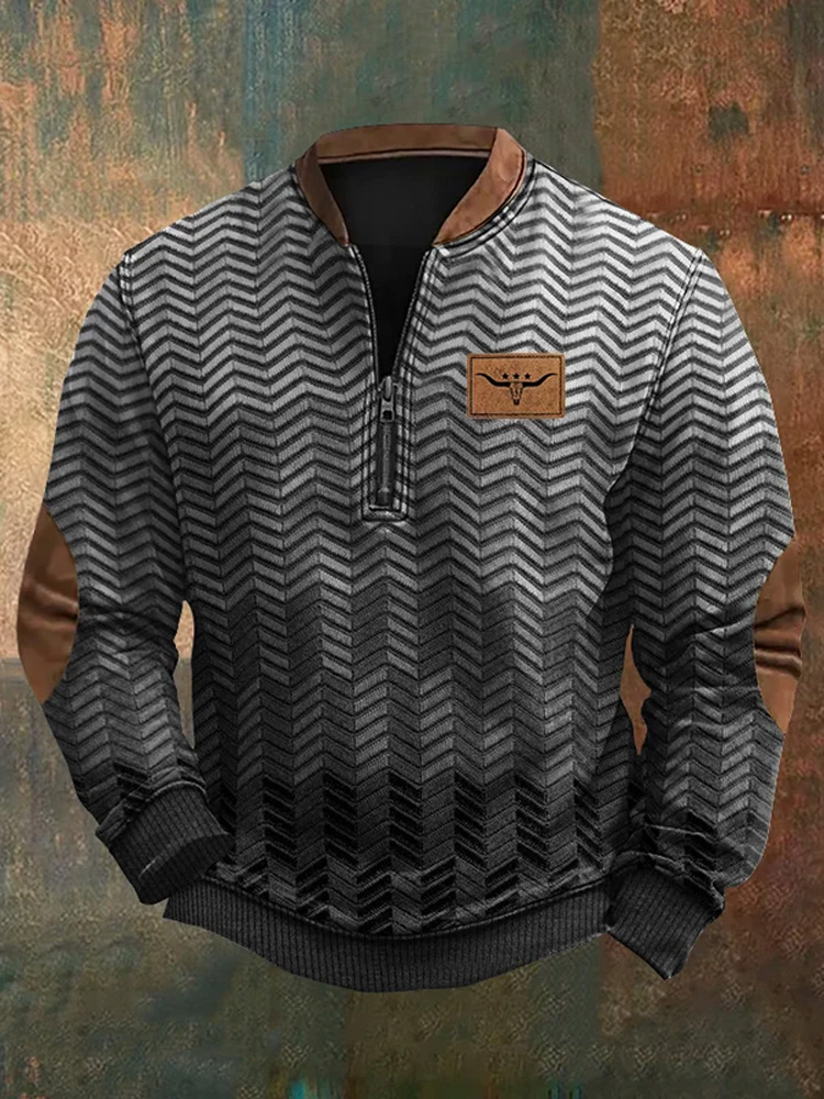 Men's Vintage Western Print Zip-Up Sweatshirt