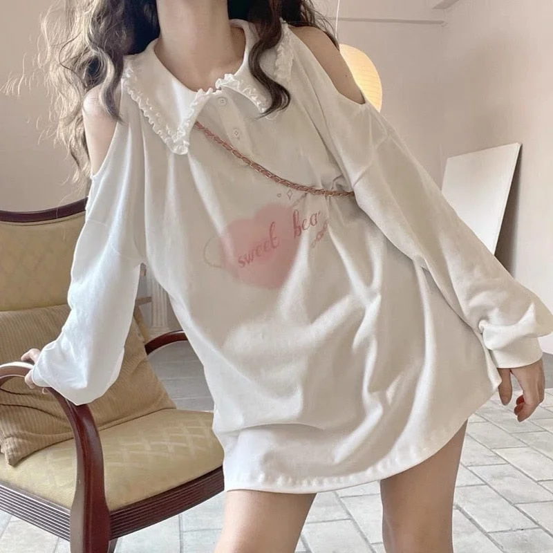 HOUZHOU Kawaii White Hoodies Women Japanese Cute Heart Print Off-shoulder Long Sleeve Sweatshirt Soft Girl Korean Fashion Top