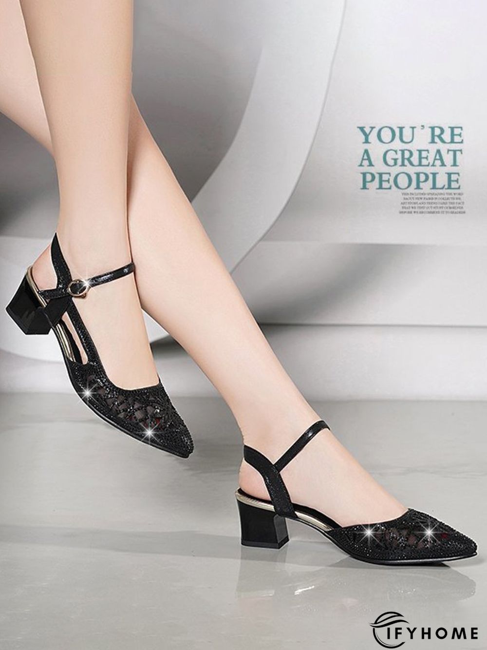 Luxurious Rhinestone Mesh Hollow Thick Heel Banquet Dress High Heels | IFYHOME