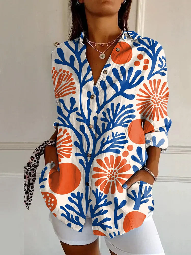 Vintage Orange Coralline Abstract Art Print Casual Long-sleeved Shirt