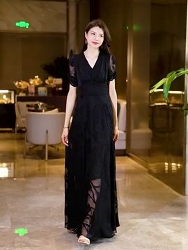 Fashion Black V Neck High Waist Tulle Patchwork Chiffon Long Dress Summer