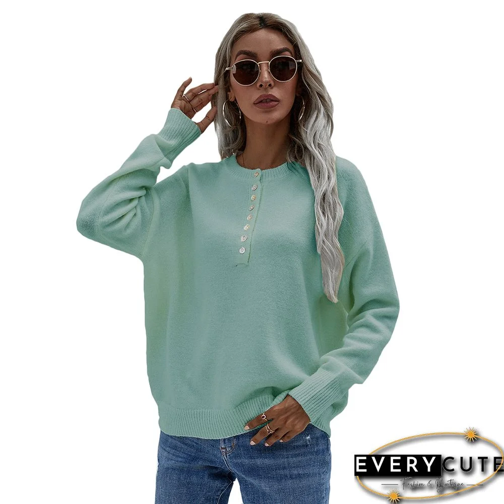 Light Green Button Neck Knitted Pullover Sweater