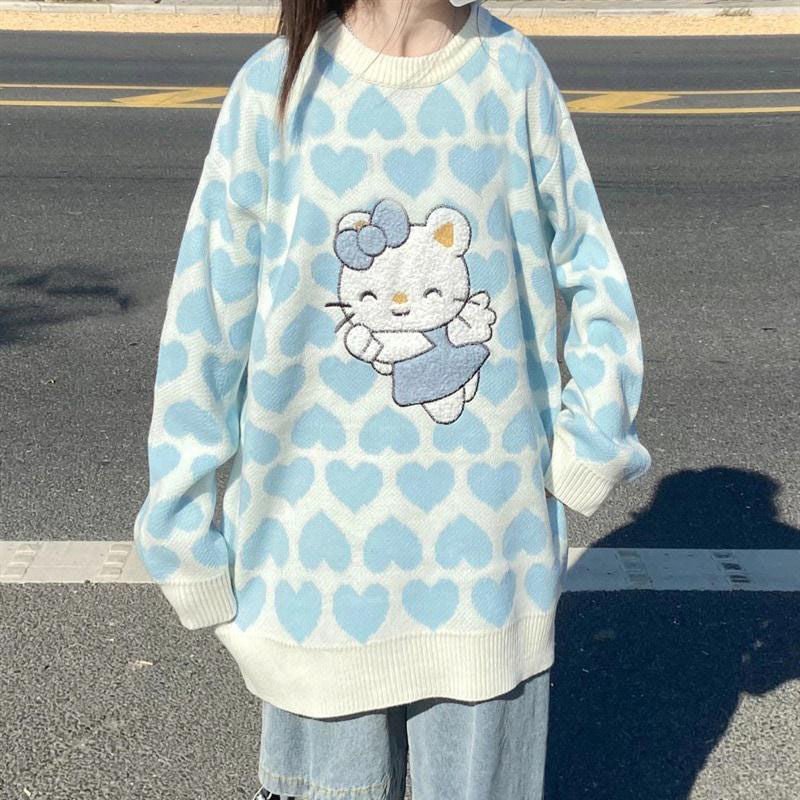 HOUZHOU Kawaii Sweater Women Japanese Sweet Cartoon Print O-neck Loose Knitted Sweater Winter Korean Fashion Tops Preppy Style
