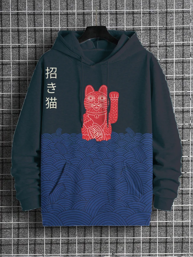Men's Japanese Art Fortune Cat Sea Waves Print Casual Hoodie