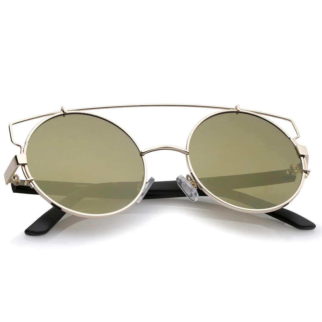 Midsize Metal Frame Horn Rimmed Crossbar Mirror Flat Lens Round glasses 53mm