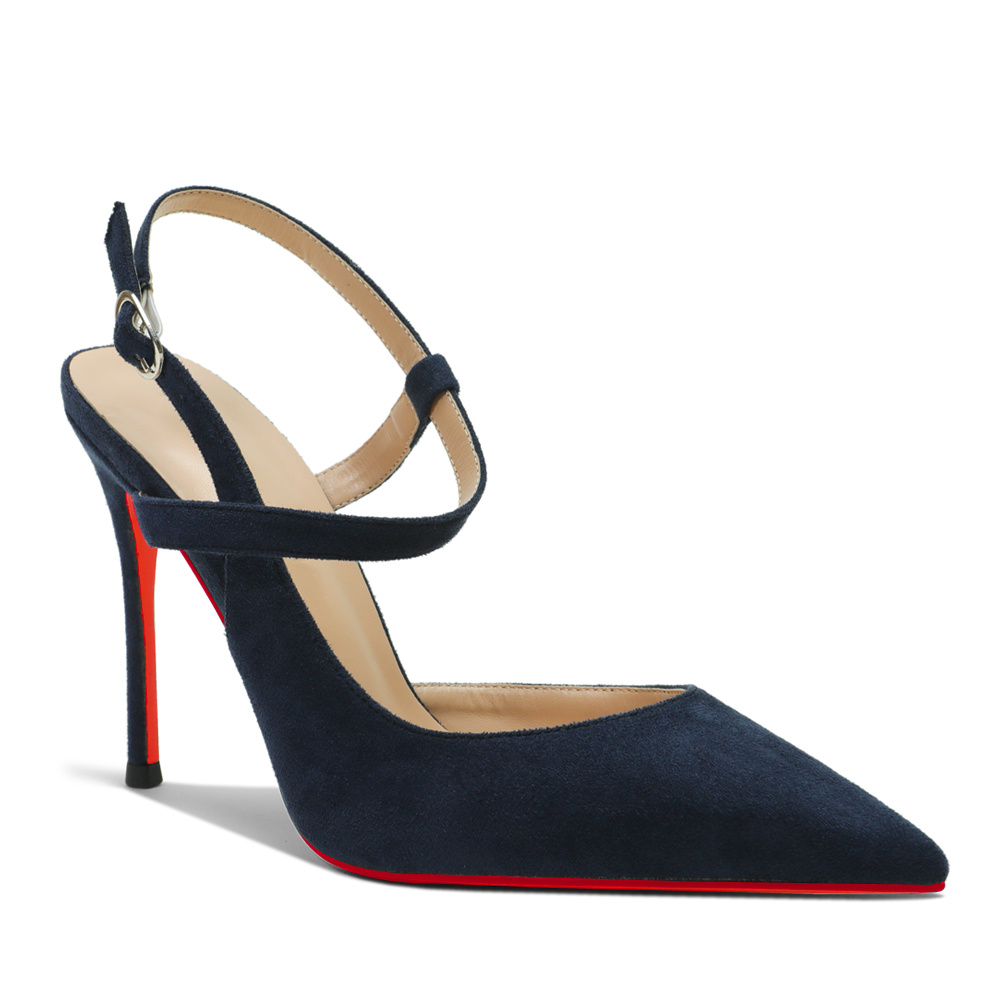 100mm Women Slingback Pumps Ankle Strap Jenlove Stiletto Mid Heel Close Pointed Toe Dress Red Bottoms Suede Shoes-MERUMOTE