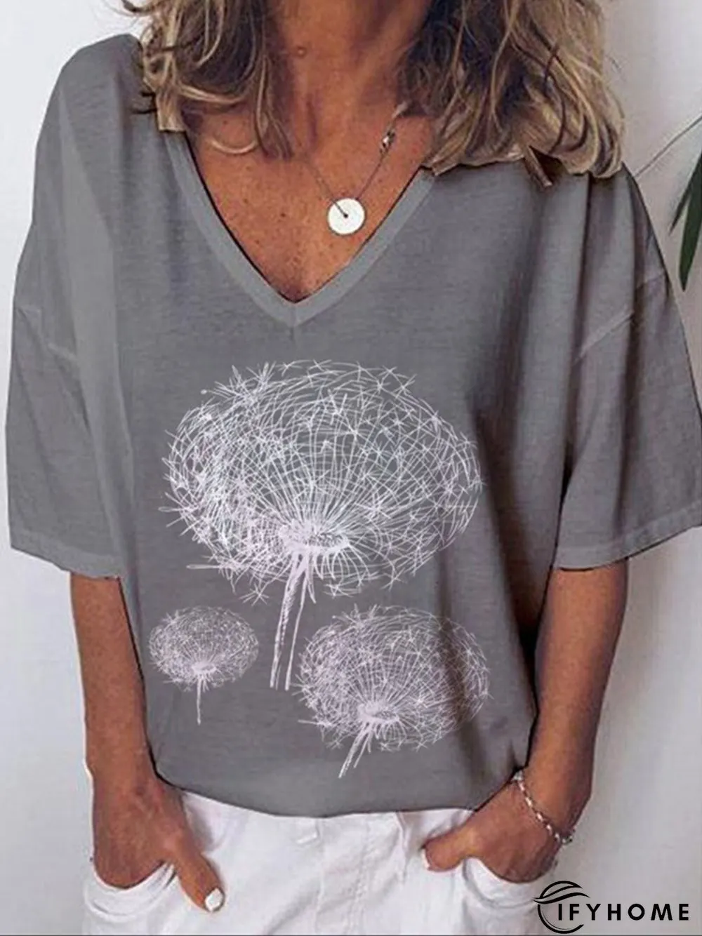 Short Sleeve Cotton-Blend Floral V Neck T-Shirts | IFYHOME