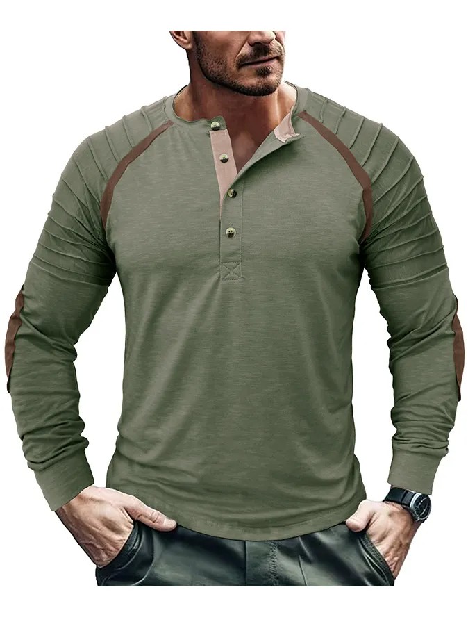 Men's Henry Distressed Pleated Contrast Color Casual Outdoor Retro Long Sleeve T-Shirt PLUSCLOTHESMAN