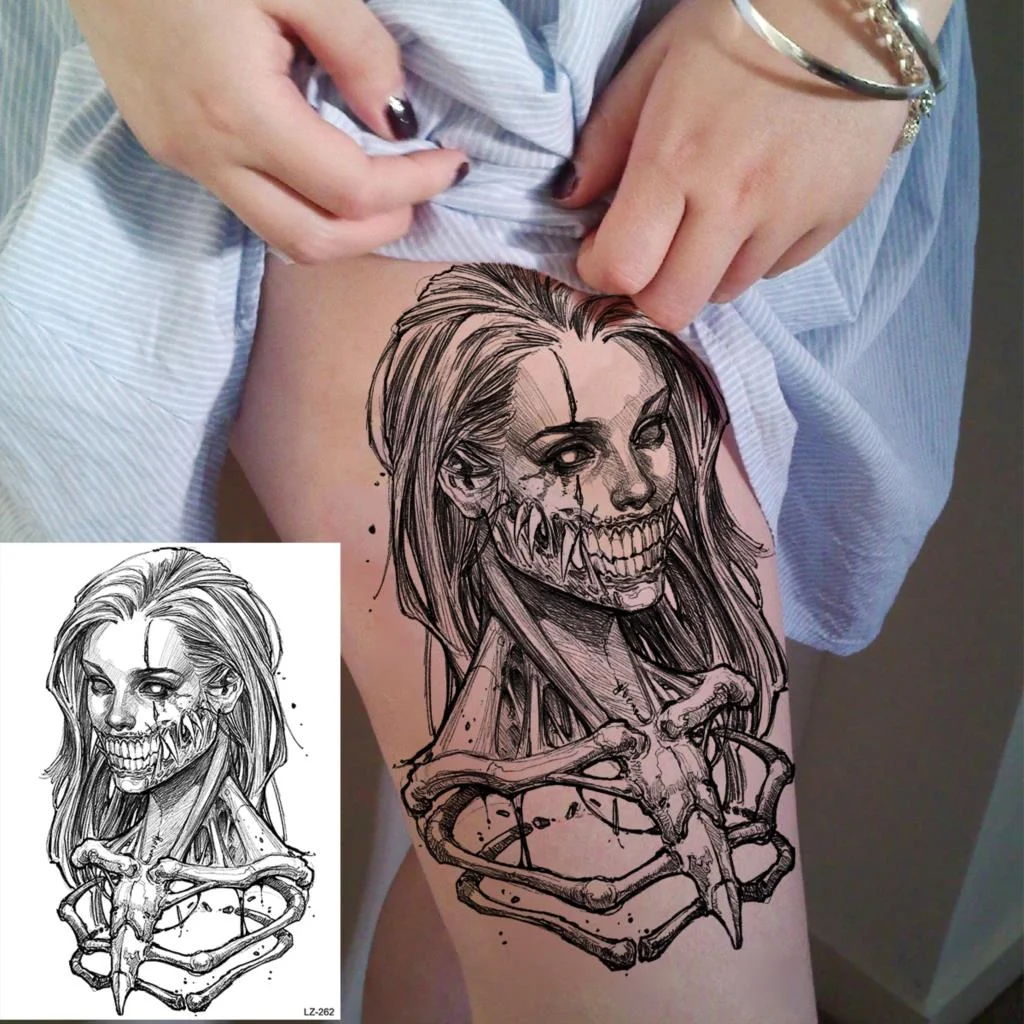 Black Rose Flower Sexy Temporary Tattoos For Women Adult Thigh Peony Skull Realistic Fake Tattoo Sexy Washable Tatoos Sticker