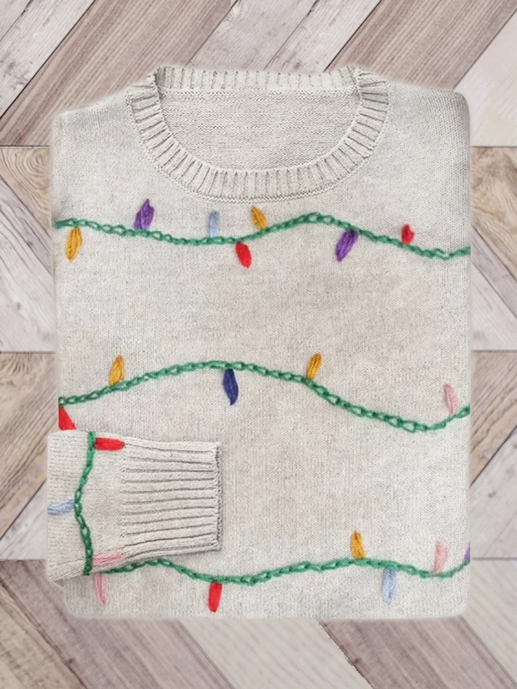 VChics Christmas Lights Embroidery Art Cozy Knit Sweater