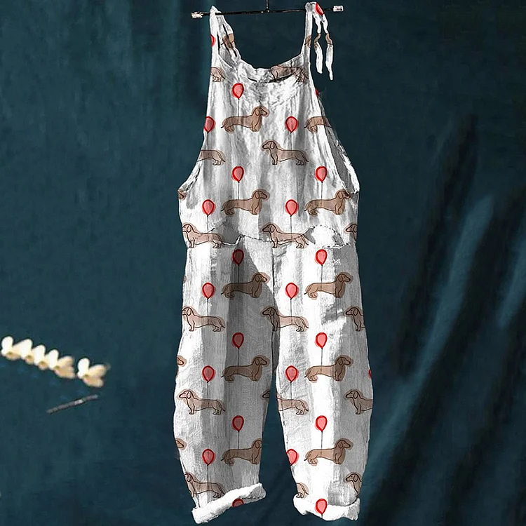 Comstylish Women's Dachshund Red Balloon Print Casual Jumpsuit