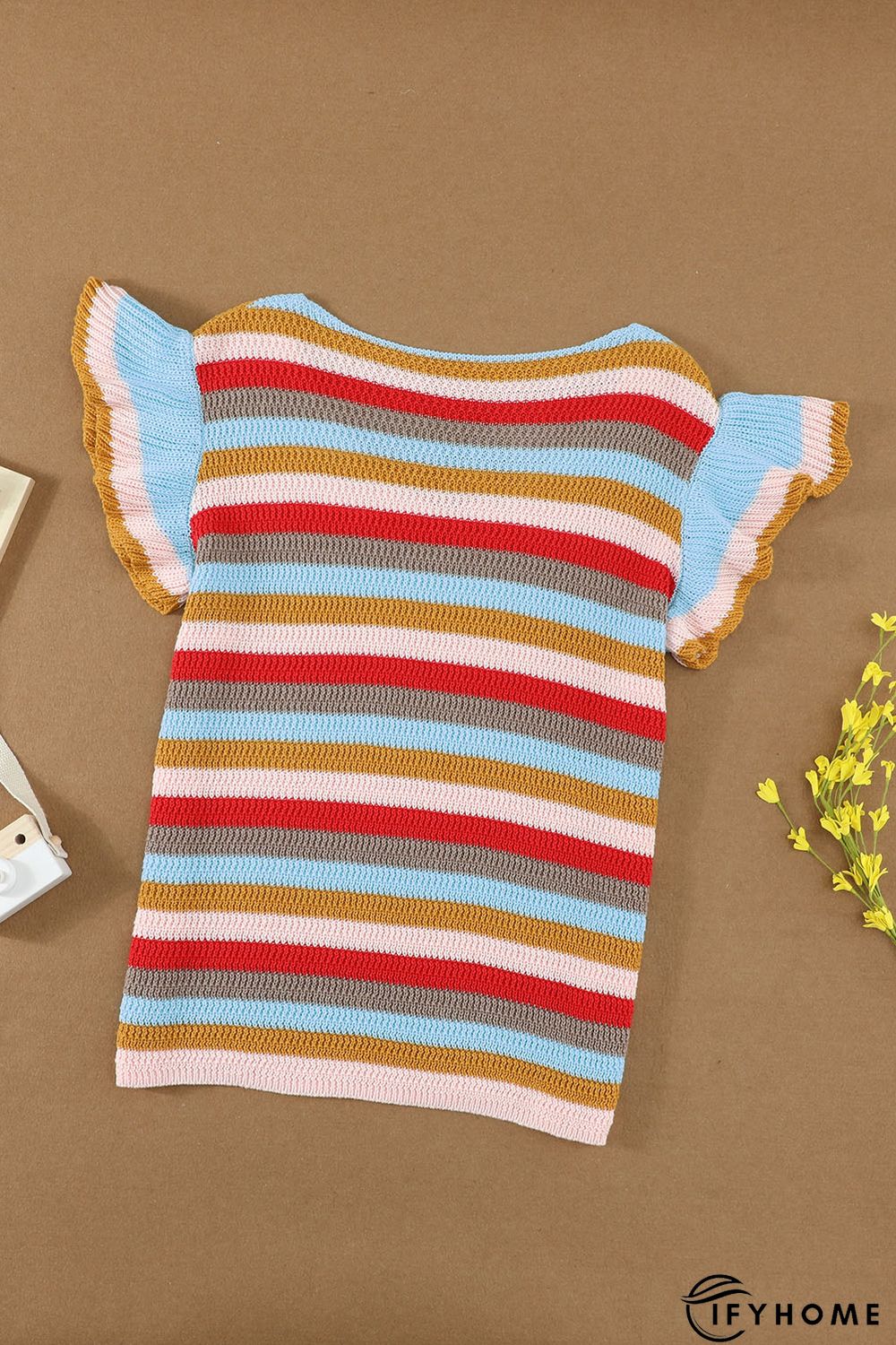 Multi-color Striped Ruffle Short Sleeve Knit Top | IFYHOME