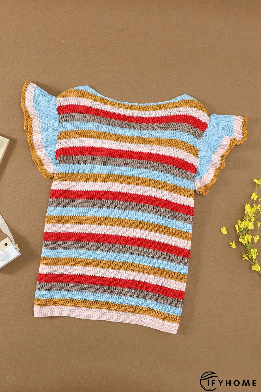 Multi-color Striped Ruffle Short Sleeve Knit Top | IFYHOME